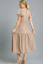 Umgee Midi Dress Camel Tiered Flutter Sleeve Smocked High Waisted 52deb8cb-82e6-47a4-9def-e1843093675b-Max-Origin Trendsi