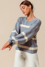 SO ME Womens Sweater Dusty Blue Ribbed Striped Round Neck Pullover 52dec4725ca14ae08232369fb088648b-Max-Origin Trendsi