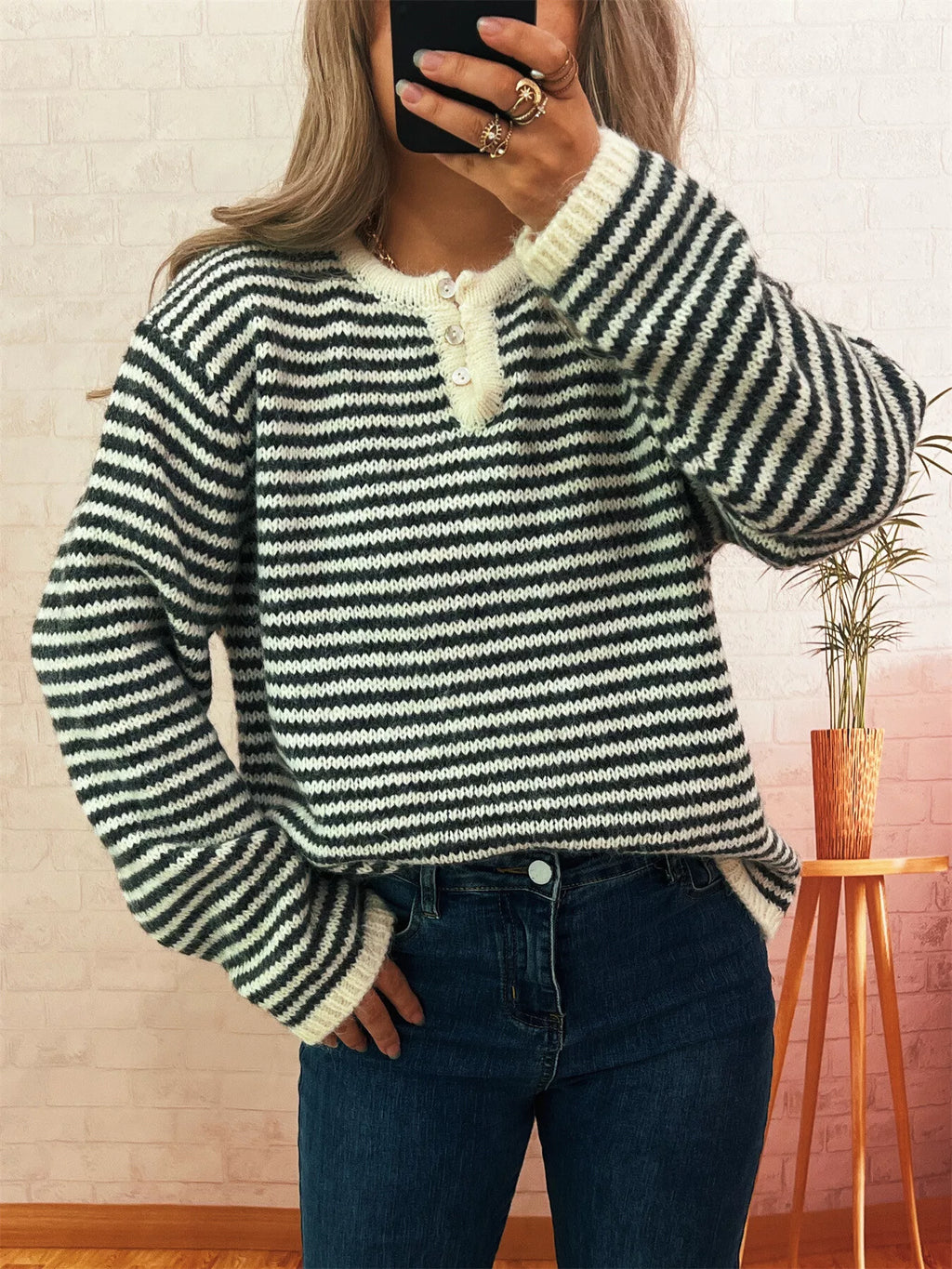 Women's Sweater Striped Button Detail Long Sleeve Pullover Black One Size 52e96e4d0e644c88899a5afcb5174947-Max-Origin Trendsi
