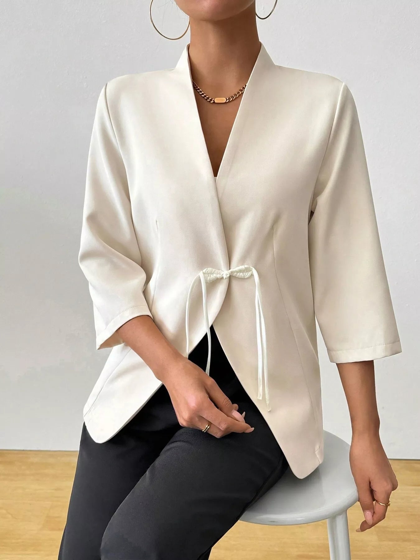Women's Blazer Milky White Three-Quarter Sleeves Front Tied 52f6056182de4ba1ab103463fa3be39f-Max-Origin Trendsi