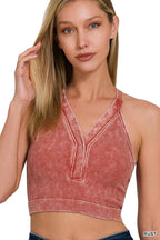 Zenana Washed Ribbed Seamless V-Neck Tank Top with Button Detail