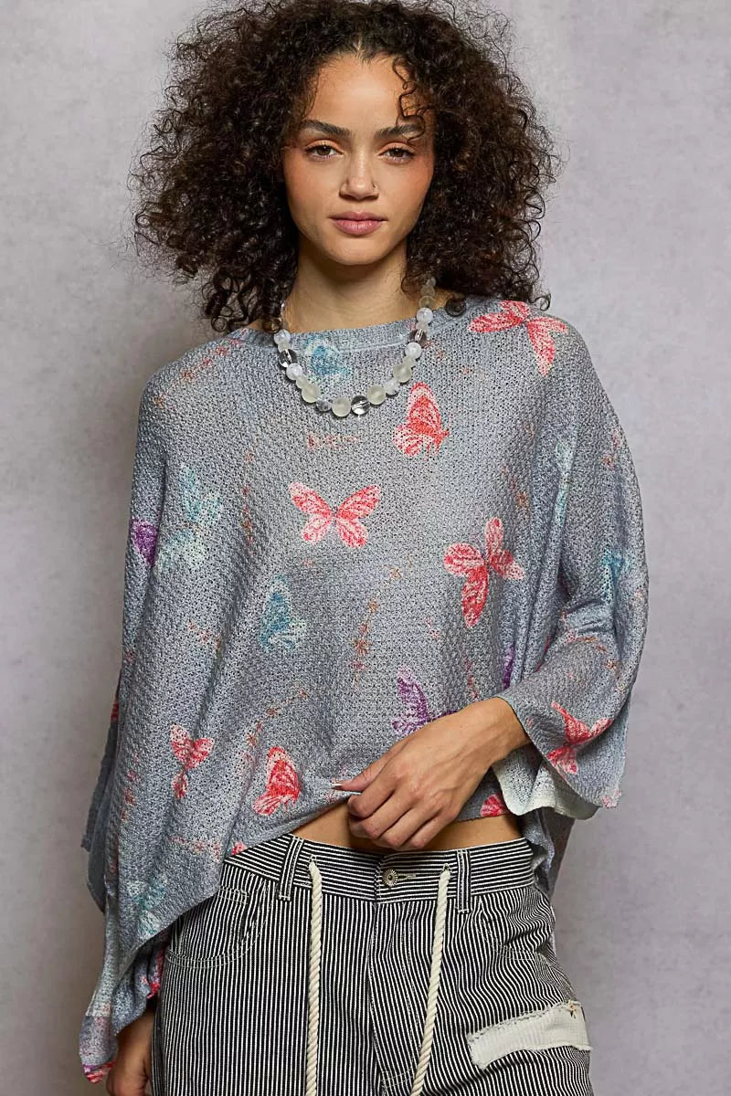 POL Butterflies Knit Top Gray Round Neck with Outseam Rolling Edge HEATHER GREY 53096850-fbd2-42b9-925f-502e202ca3e0-Max-Origin Trendsi