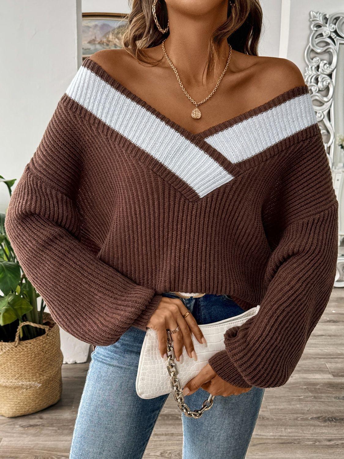Sweater V Neck Contrast Dropped Shoulder Long Sleeve Knitwear Chocolate 530cb698-d071-4bcb-816f-c132071503b0-Max Trendsi