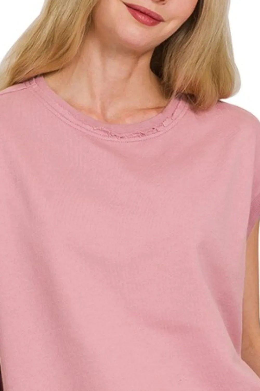 Zenana Cotton T-Shirt French Terry Round Neck Cap Sleeve Light Rose 530f0ab5-4810-4651-af81-6b04073e5f23-Max-Origin Trendsi