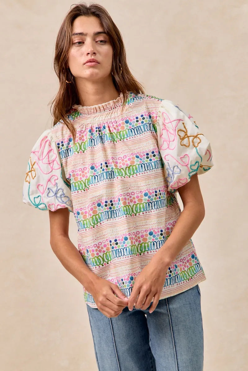 BiBi Blouse Multicolor Ruffle Neckline With Embroidery Bubble Short Sleeve Top 53126404c2e04eadac1d781b0d80c881-Max-Origin Trendsi