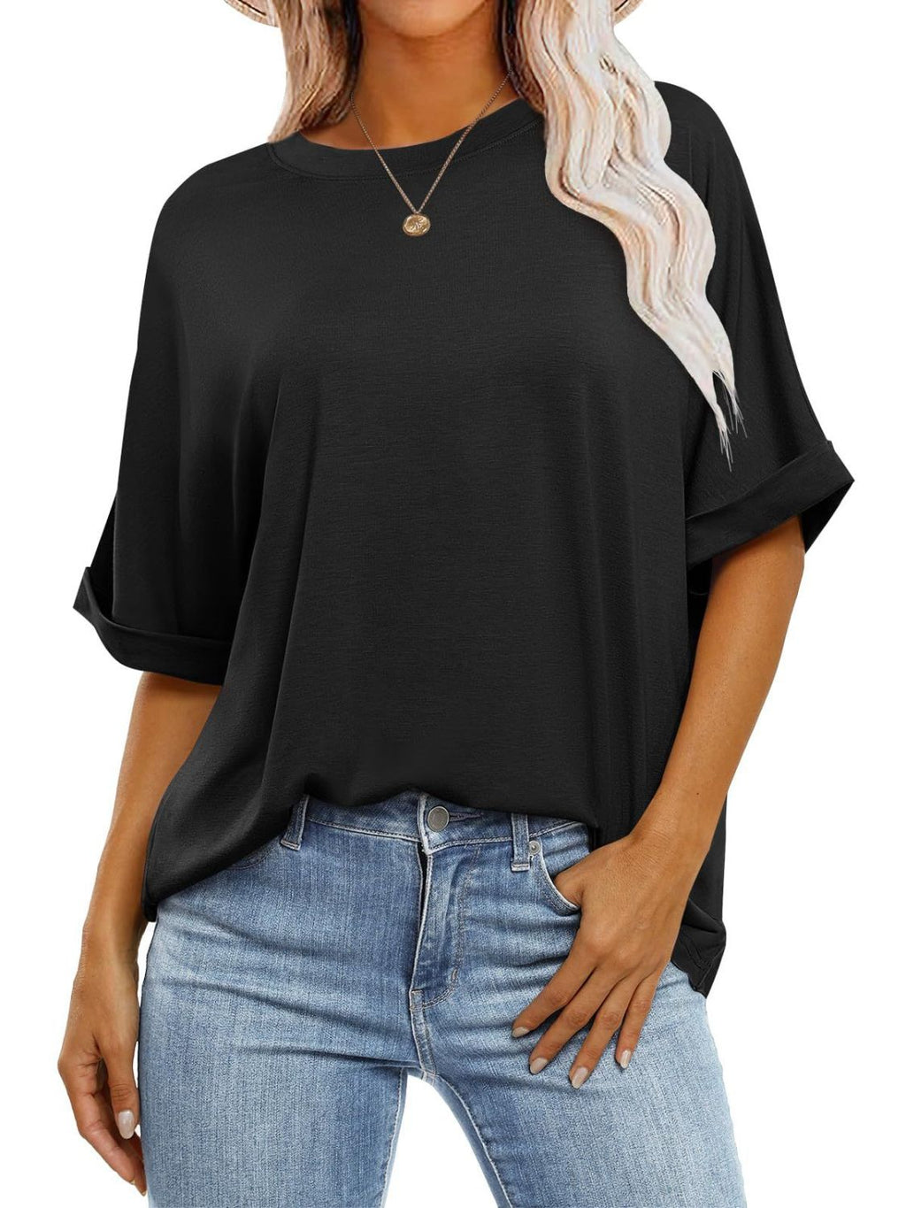 Women T-Shirt Round Neck Half Sleeve Oversized Cotton Blend Basic Style Black 53154505-89cd-4f01-a300-8929cb2eebe0-Max Trendsi