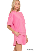Zenana Top & Shorts Set Pink Scuba Short Sleeve Two-piece Activewear 5315f2c324f9434fa5a8b51ba6084203-Max-Origin Trendsi