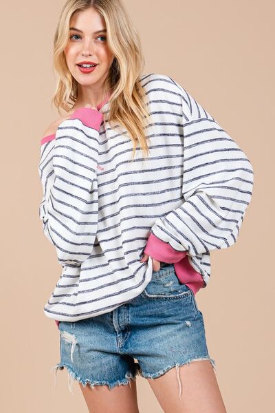 Ces Femme Striped Sweatshirt Round Neck Drop Shoulder White Black Black 532278e6-1c27-4516-b7a0-de6936e47889-Min Trendsi