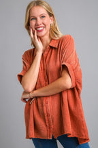 Umgee Shirt Cotton Gauze Mineral Wash Orange-Red Short Sleeve Orange-Red 532d46b2-5327-4b9d-9d4b-d99b5b9d6a88-Max Trendsi