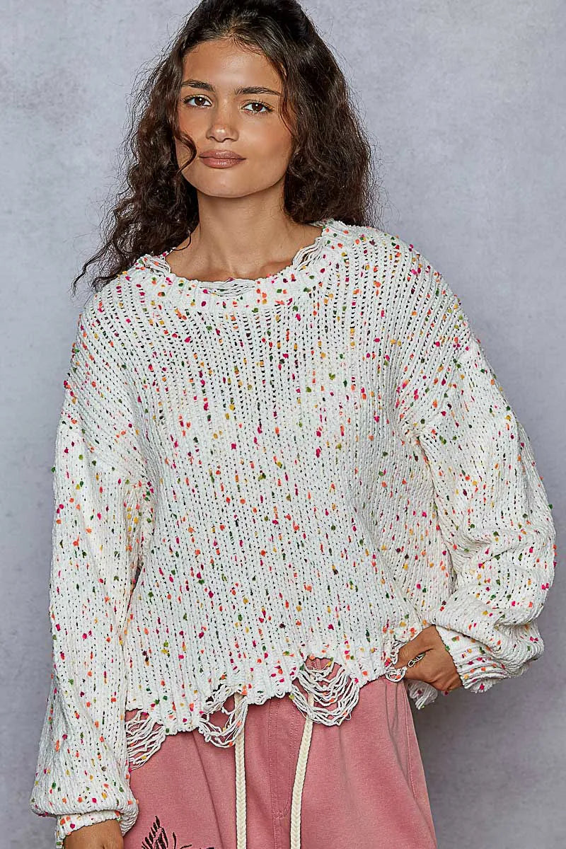 POL Sweater Knit White Pink Colorful Round Neck Fringed Distressed Hem 533222a1-00bc-4d34-a1e5-f0bdb8b0f336-Max-Origin Trendsi