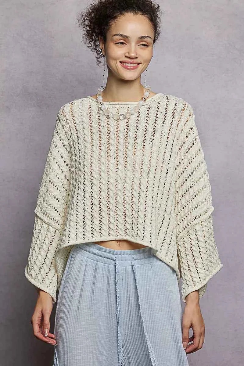 POL Cable-Knit Openwork Round Neck Cropped Sweater 5338fc62-b3ac-408f-97dd-738b87a6b4a3-Max-Origin Trendsi