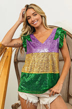 BiBi Womens Blouse Mardi Gras Sequin Color Block Ruffled Top Short Sleeve 53415da9708c465da1a5d19ec665ae71-Max-Origin Trendsi