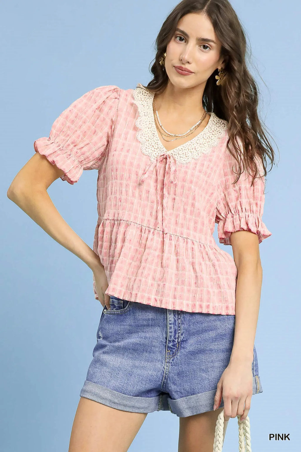 Umgee Blouse Pink Ruffled Short Sleeve Gingham Lace Peplum Smocked Top Pink 534b17f0-319a-4629-8b67-51b7587e7d12-Max-Origin Trendsi