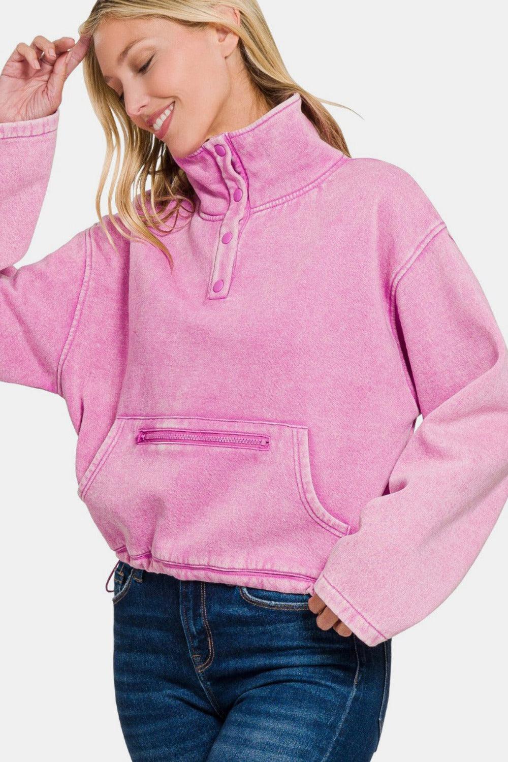 Zenana Sweatshirt Pink Acid Wash Fleece Half Snap with Pocket