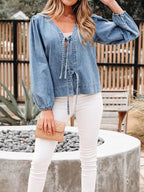 Women's Denim Top Tied Front Puff Long Sleeve Dusty Blue Blouse 535a9014-3adf-4290-8286-02e1c4817c6d-Max-Origin Trendsi