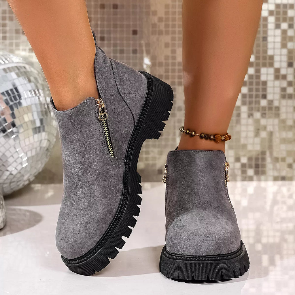 Women's Ankle Boots Faux Suede Round Toe Side Zip Mid Heels Shoes Gray 535c2ffb815646c58da2b5e45c795c7f-Max-Origin Trendsi