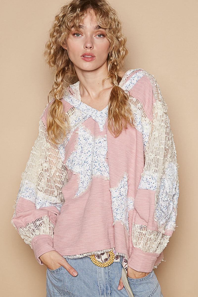 POL Blouse Star Floral Lace Patch Long Sleeve Hooded Top