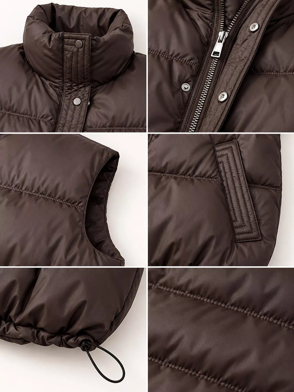 Detail collage of brown vest construction including stitching and drawstring toggle