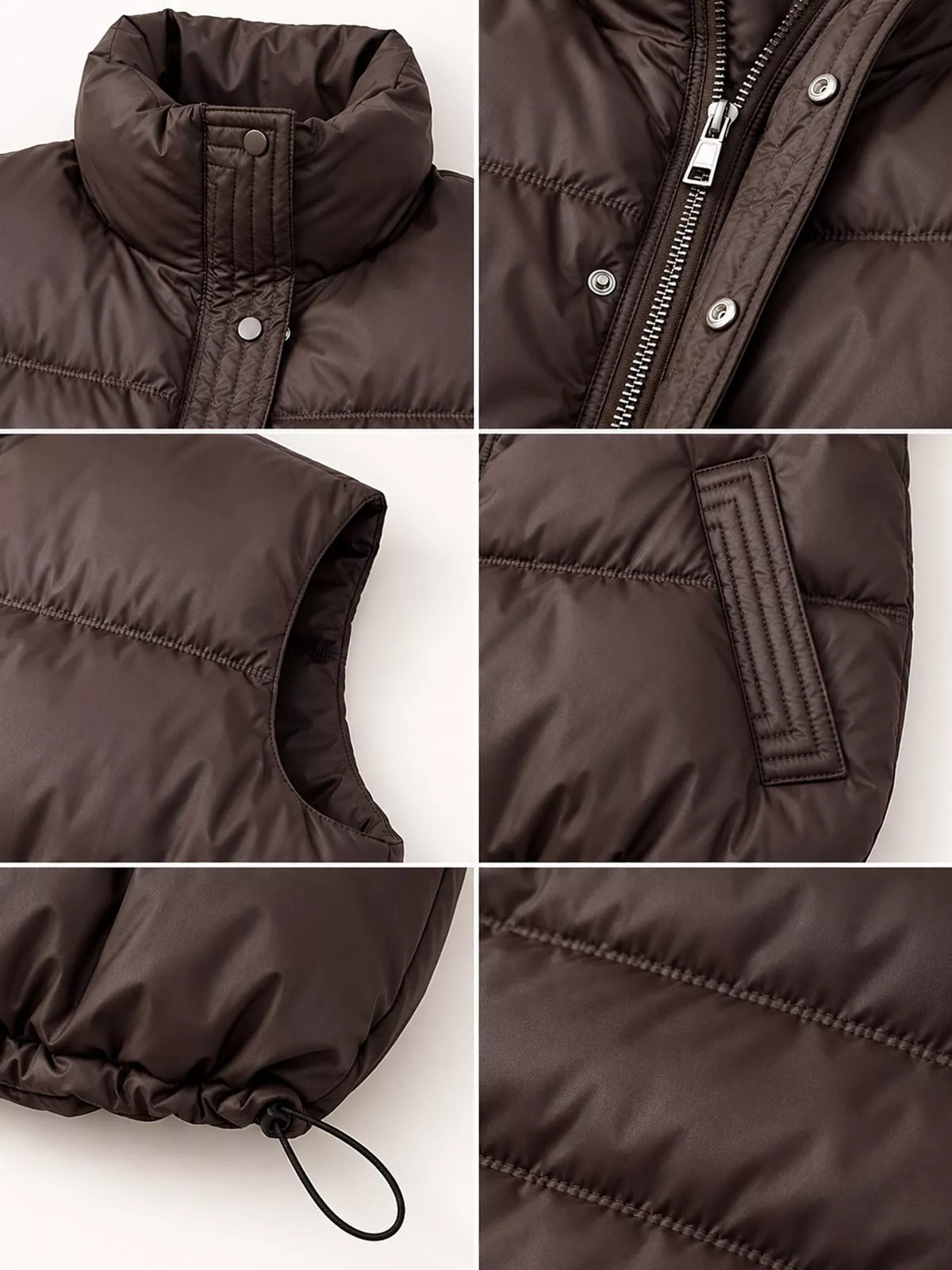 Detail collage of brown vest construction including stitching and drawstring toggle