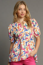 Umgee Babydoll Blouse Colorful Confetti Mixed Print Puff Short Sleeve Top CONFETTI 53703847-3acc-445c-972e-622ac16d4a96-Max Trendsi