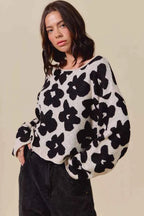 SO ME Women Sweater Floral Black Loose Fit Flower Lightweight Knit Top 5381b057c91848a2abd8fd85681cab0b-Max-Origin Trendsi