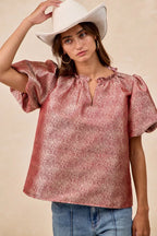 BiBi Jacquard Womens Blouse Red Woven Short Balloon Sleeves V Neck Top 5383bdd7615f43d9a4eb5b9affeaf66e-Max-Origin Trendsi