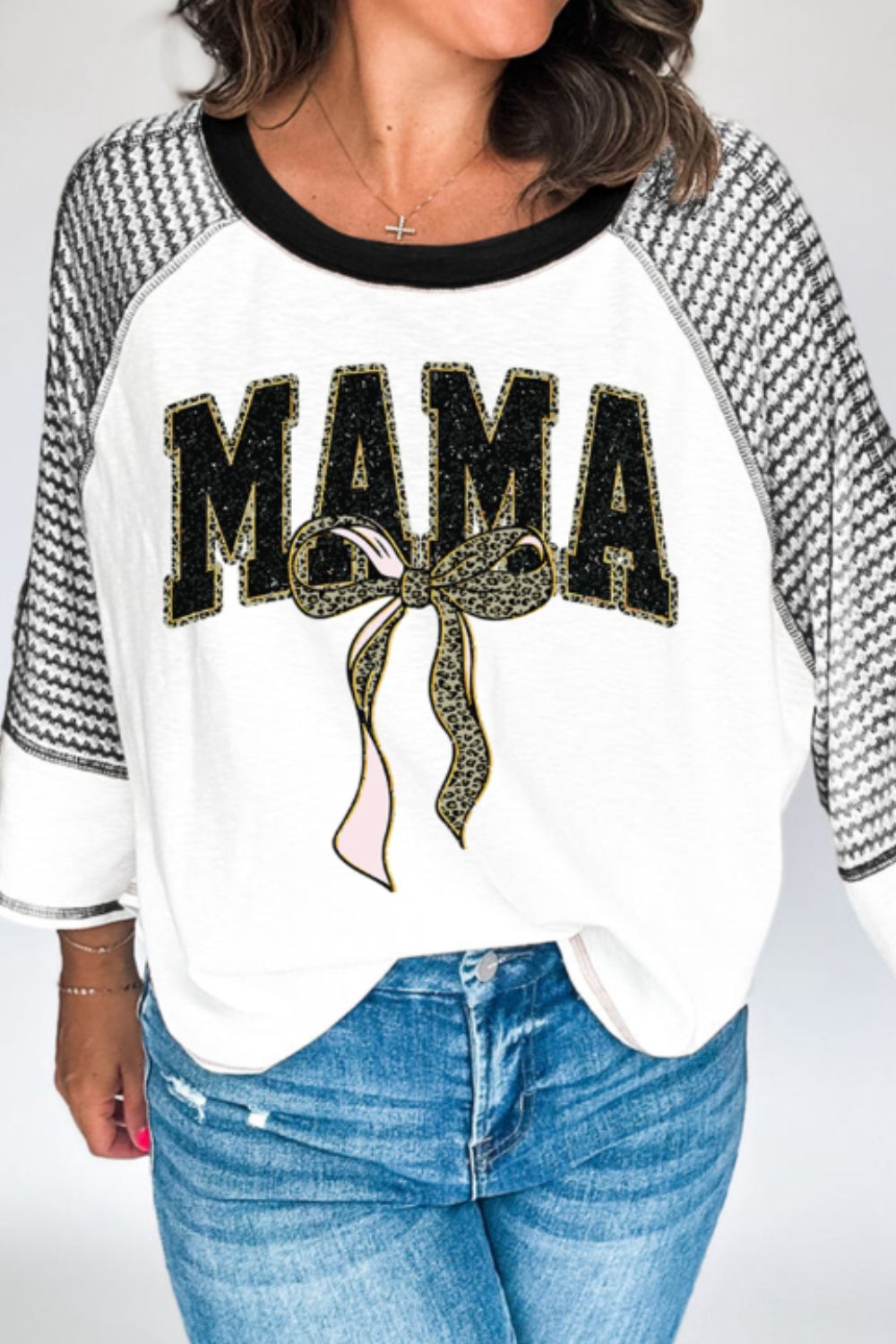 T-Shirt Women's MAMA Leopard Bow Graphic Print Contrast Stitching 3/4 Sleeve White 5386ad84-8f57-49f5-b86e-5af322c7d53f-Max Trendsi