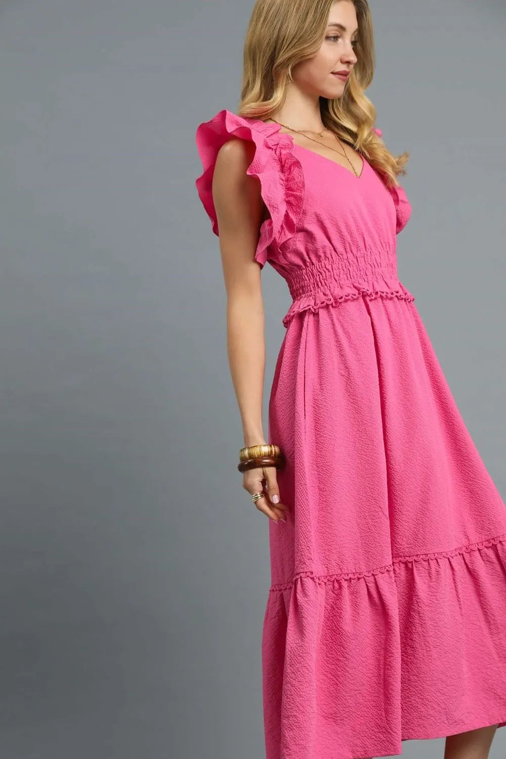 Umgee Midi Dress Hot Pink V-Neck Ruffled Cap Short Sleeve Smocked 53877d60-5f52-459e-b581-0f3aa152d113-Max-Origin Trendsi