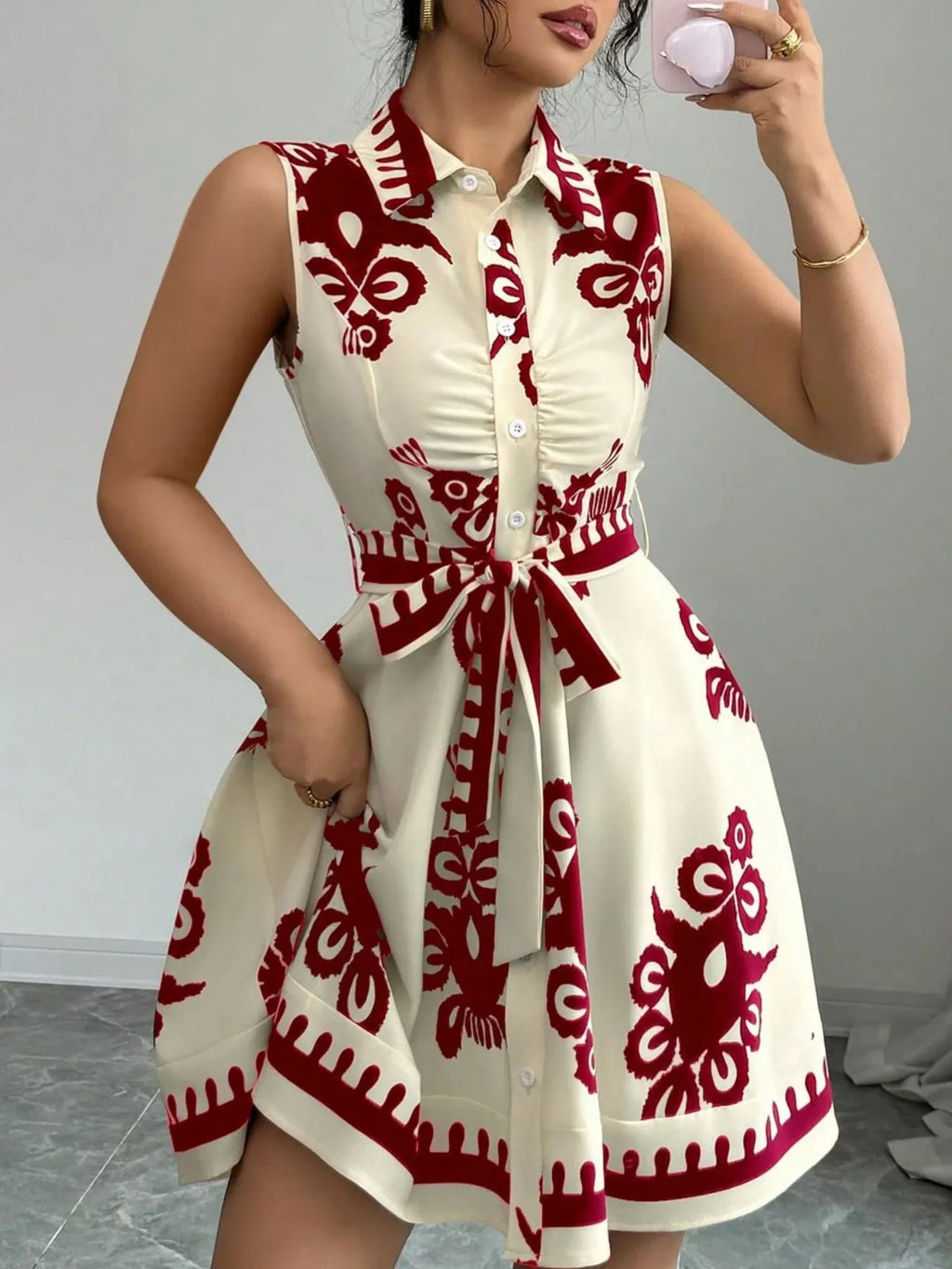 Mini Shirt Dress Printed Sleeveless Bow Tie Waist Buttoned A-Line S-2XL 53890b6b-66f7-4237-958f-711a252c43a0-Max-Origin Trendsi