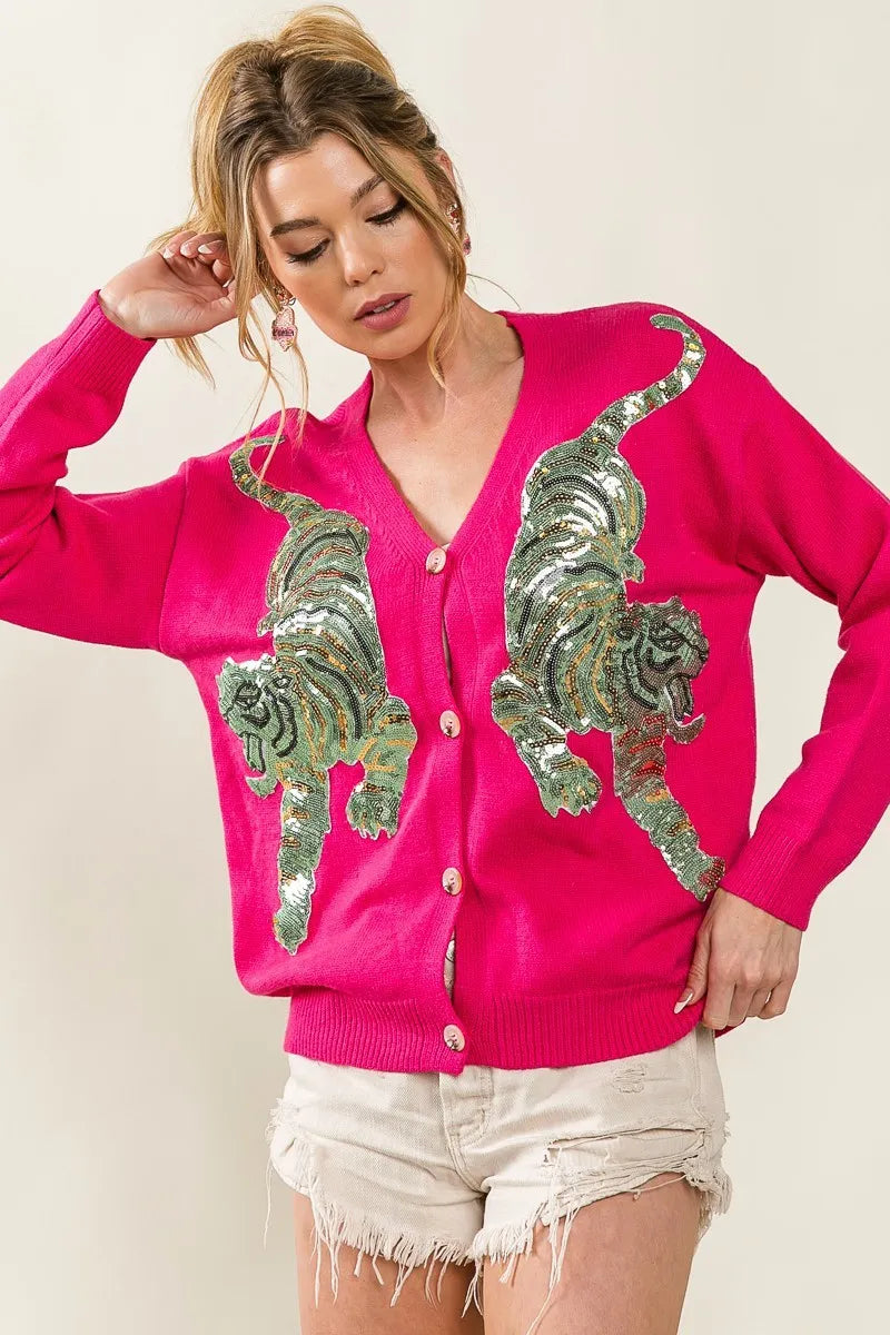BiBi Cardigan Front Tiger Sequin Patch V-neck Fuchsia Pink Buttoned