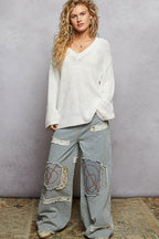 POL Oversized Knit Top Ivory V-Neck Long Sleeve Blouse 539468cf-cc29-4cd2-8d4d-e7c64477d48b-Max-Origin Trendsi