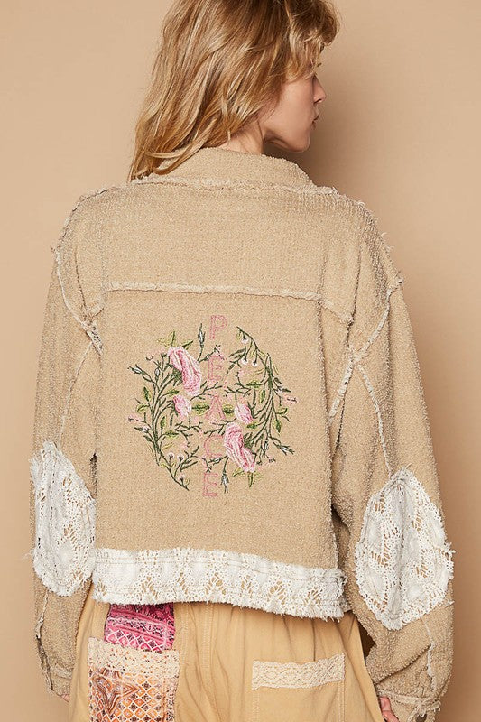 POL Women Jacket Crochet Patch Embroidered Sand Multicolor Long Sleeve