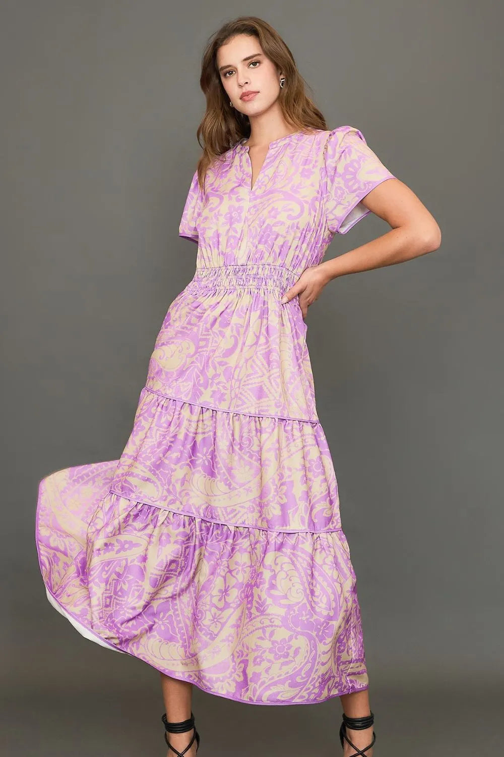 Umgee Midi Dress Purple Printed Notched Short Sleeve Tiered Heliotrope Purple 53a3593f-3a4c-43c2-b141-fb08a0dc5937-Max-Origin Trendsi