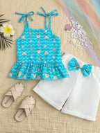 Children's Seahorse and Shell Print Cami Top with Bow Decor Shorts Set