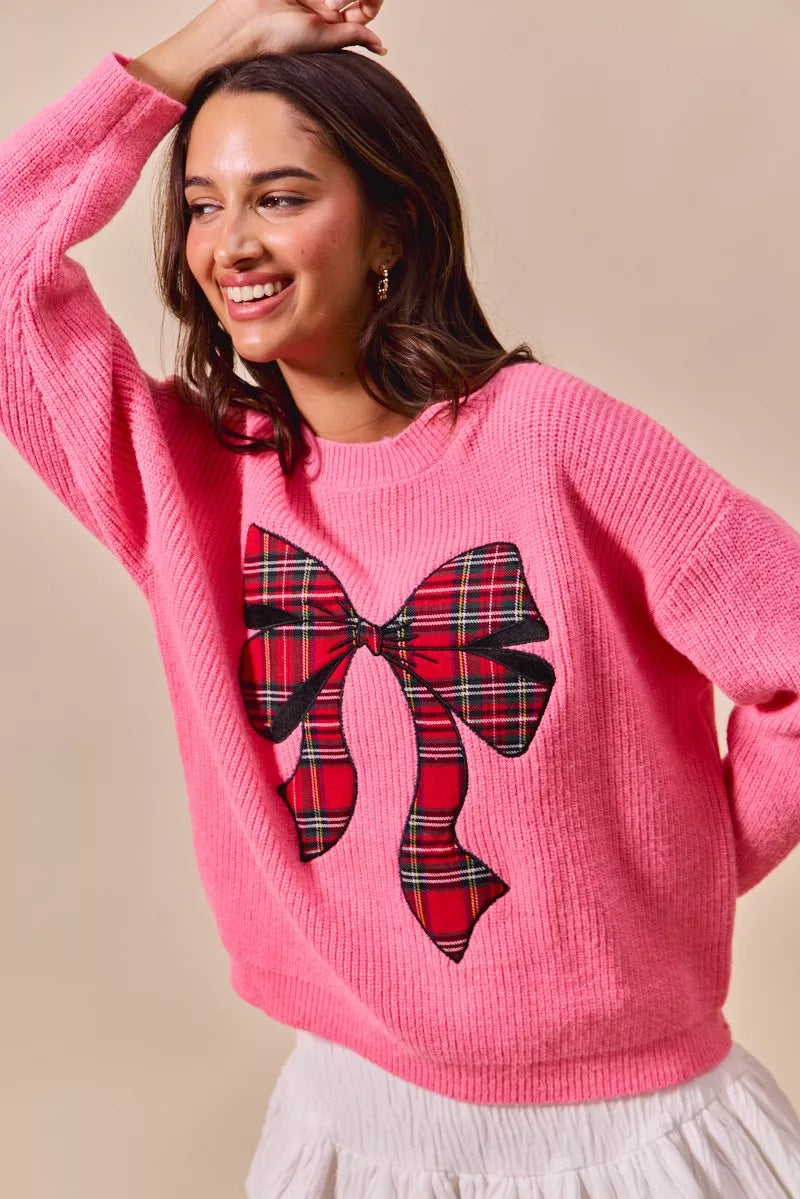 SO ME Womens Christmas Holiday Sweater Pink with Checker Plaid Ribbon 53ba250af6724cf7905acfaf66a210e9-Max-Origin Trendsi