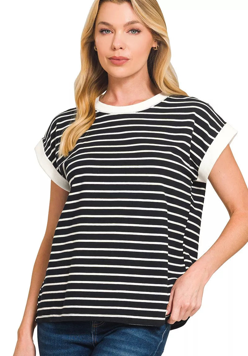 Zenana Women T-shirt Striped Contrast Trim Cap Sleeve Top Tee Plus Sizes BLACK 53cf876486364a4fa0cb7b4154c082f0-Max-Origin Trendsi
