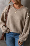 Plus Size Round Neck Long Sleeve Sweater with Pearl Detail