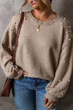 Plus Size Round Neck Long Sleeve Sweater with Pearl Detail