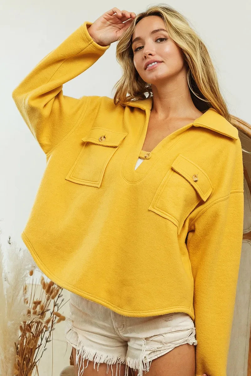 BiBi Sweatshirt Mustard Cotton Blend Fleece Collared with Flap Pockets Top 53d7414450844f6b84d8f97f98510d8b-Max-Origin Trendsi