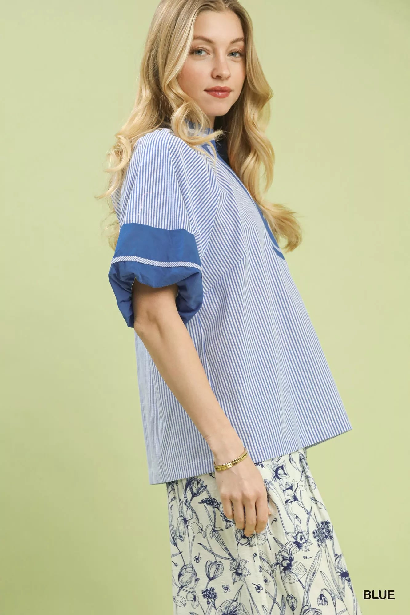Umgee Blouse Blue Striped Mixed Puff Short Sleeve Top 53d8f8b5-0dfb-468a-9398-751f906ba707-Max-Origin Trendsi