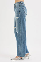 RISEN Women's Jeans Mid Rise Fit Wide Baggy Leg Tie Washed Raw Hem Denim 53e0027f7e154bc78e8d9c0aba46eb7c-Max-Origin Trendsi