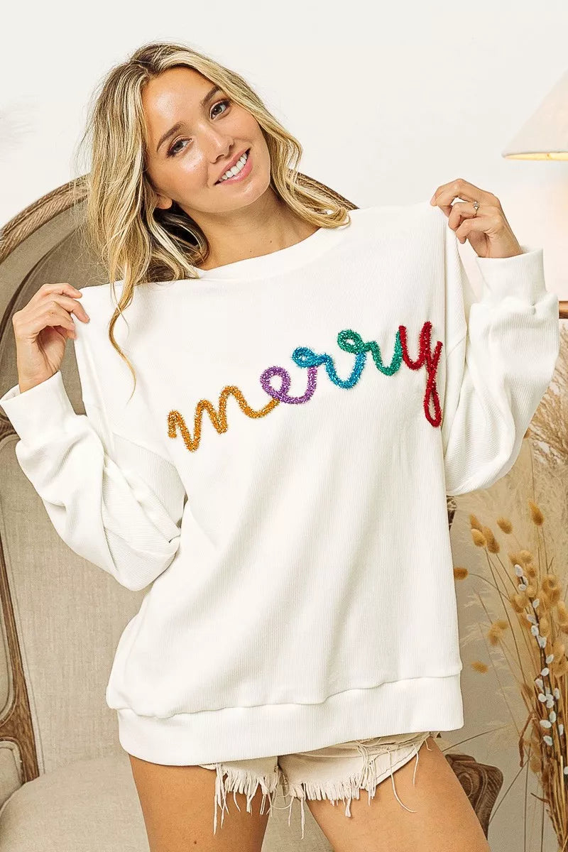 BiBi Sweatshirt White Merry Tinsel Lettering Drop Shoulder Pullover 53e395dcc5474cd19110cd6f050bf8e2-Max-Origin Trendsi