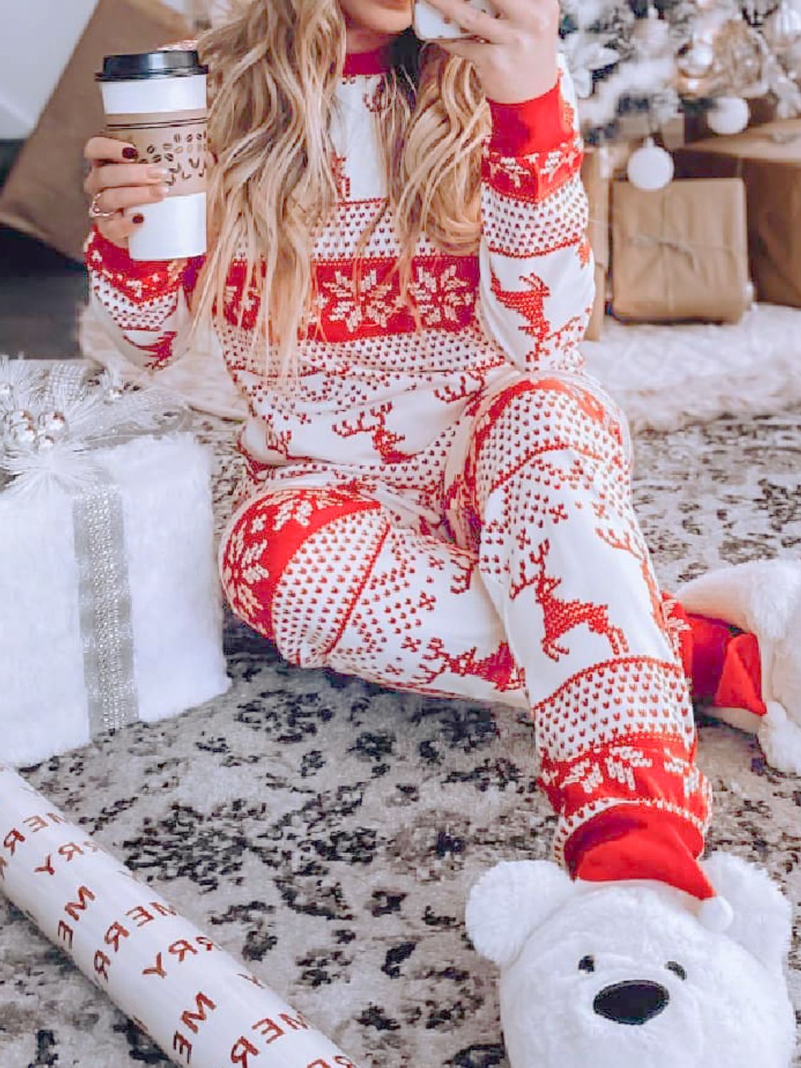 Christmas Pattern Women Loungewear Set Round Neck Top and Pants Set