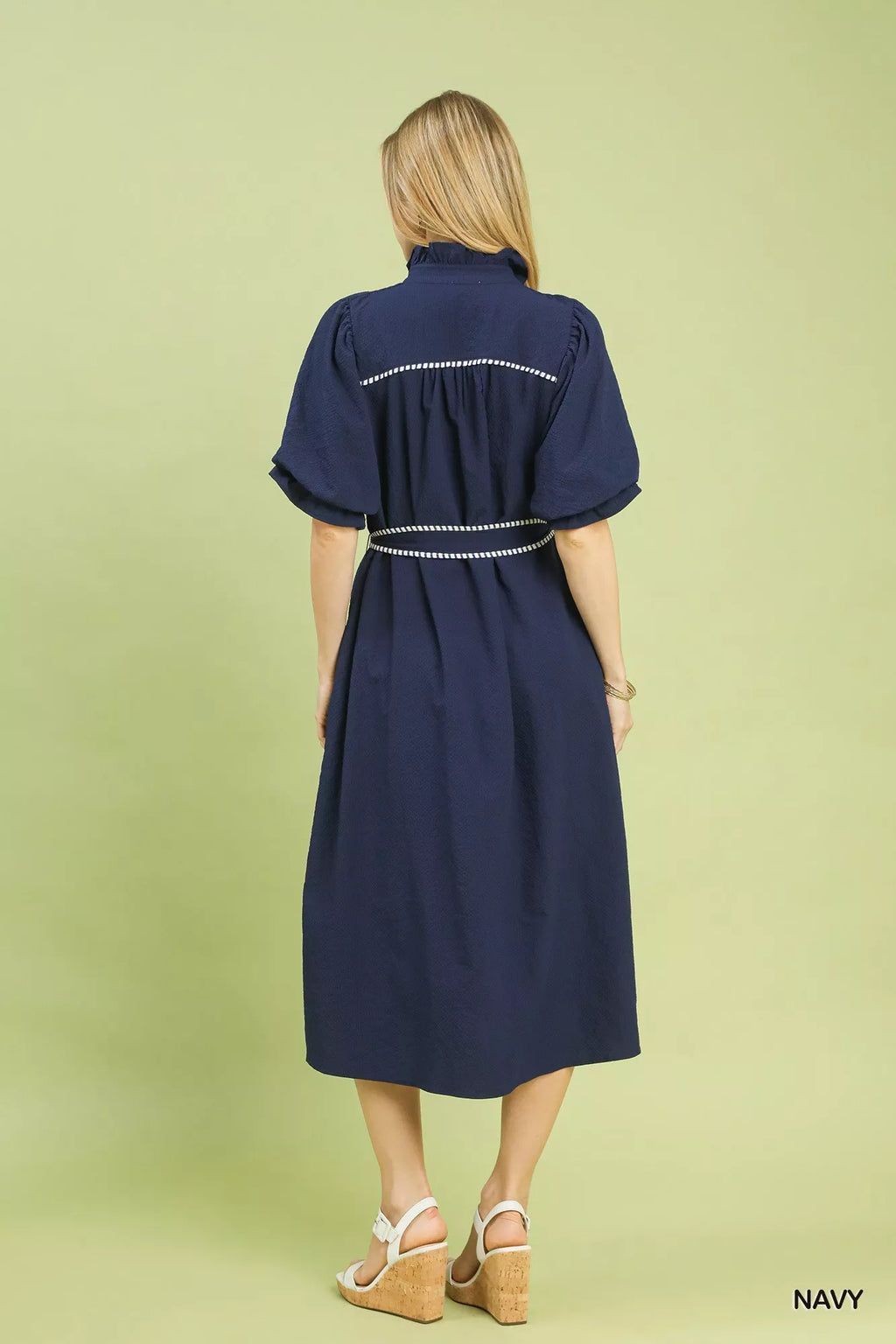 Umgee Midi Dress Navy Ruffle Collar with Stripe Trim Puff Short Sleeve 53eaacfb-46ac-46a6-a7db-2f248c4324ac-Max-Origin Trendsi
