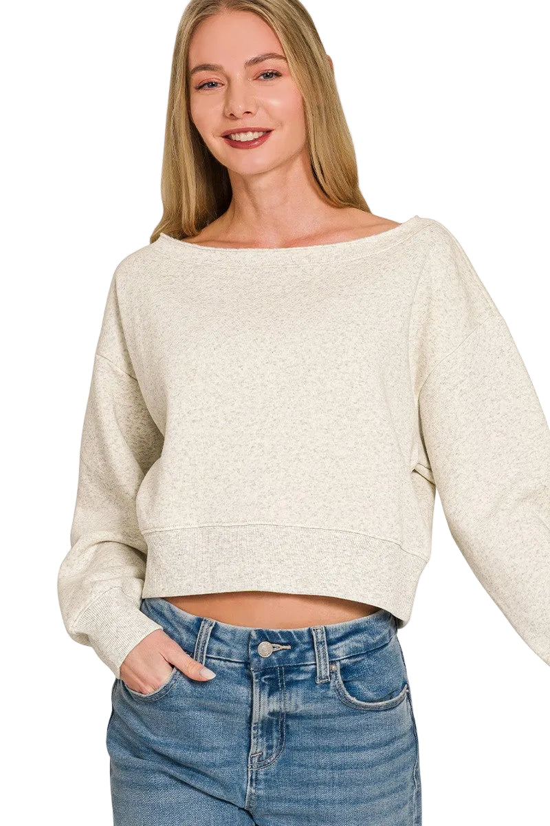 Zenana Fleece Boat-Neck Cropped Sweatshirt