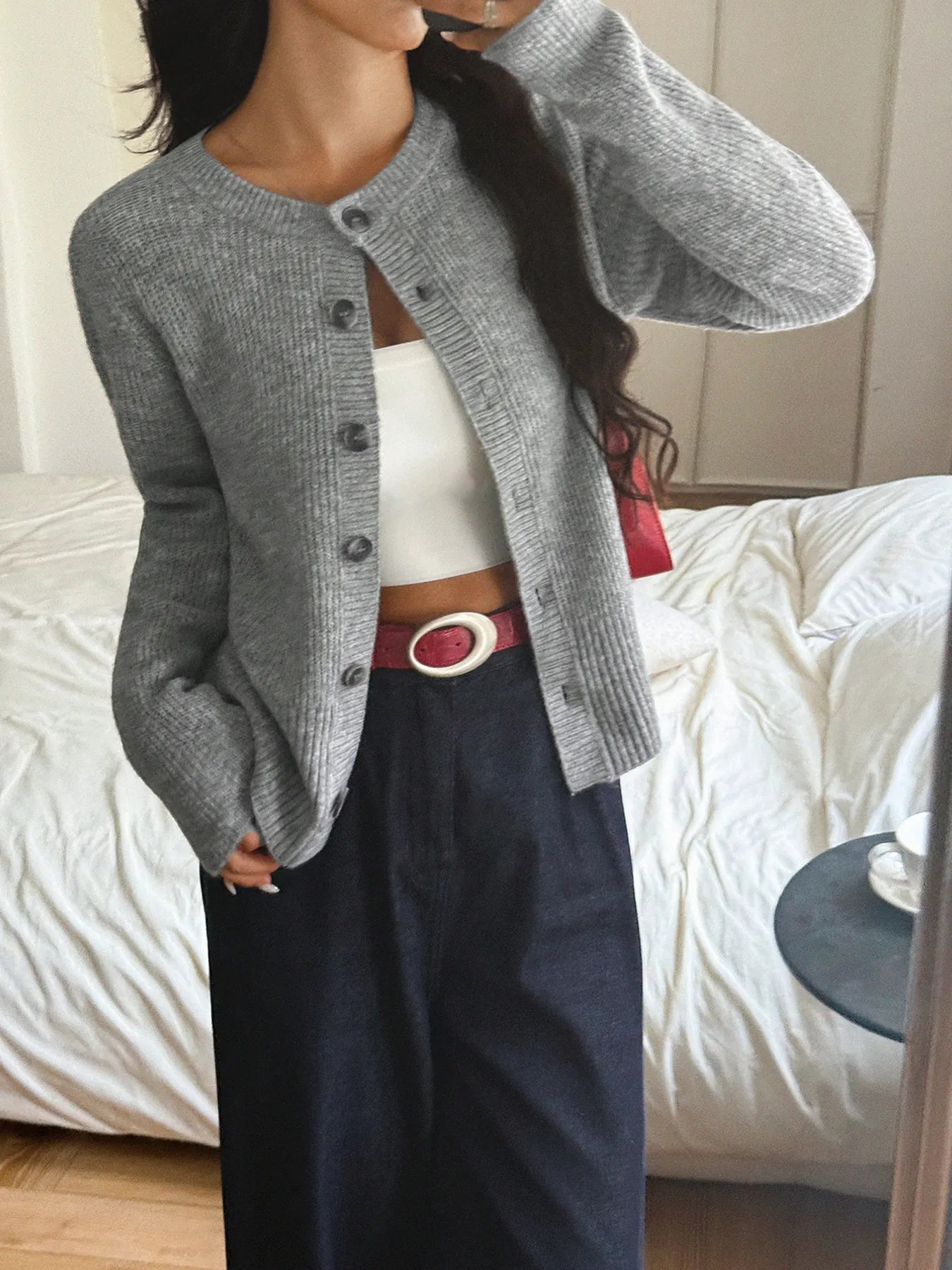 Women's Cardigan Gray Ribbed Knit Button-Up Round Neck 53fa15dc4a784137b880ab938f917703-Max-Origin Trendsi