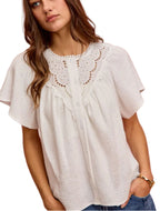 SO ME Cotton Gauze Blouse with Lace Trim and Flutter Sleeves