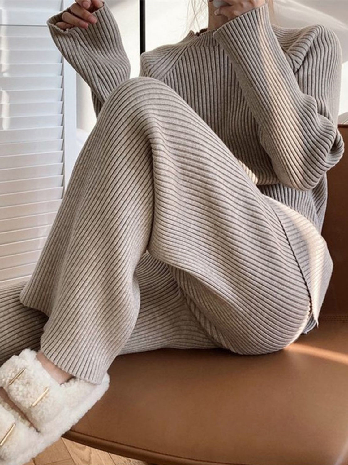 Women Sweater Set Mock Neck Raglan Sleeve Top and Pants 2 Pcs Set 541d3188-7b8f-465a-993d-ca6cb75595cc-Max Trendsi