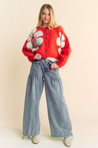 Davi & Dani Flower Contrast Cardigan Women Round Neck Long Sleeve Buttoned 54243aaa-c193-444f-b2f7-10e48bdf23e8-Max Trendsi