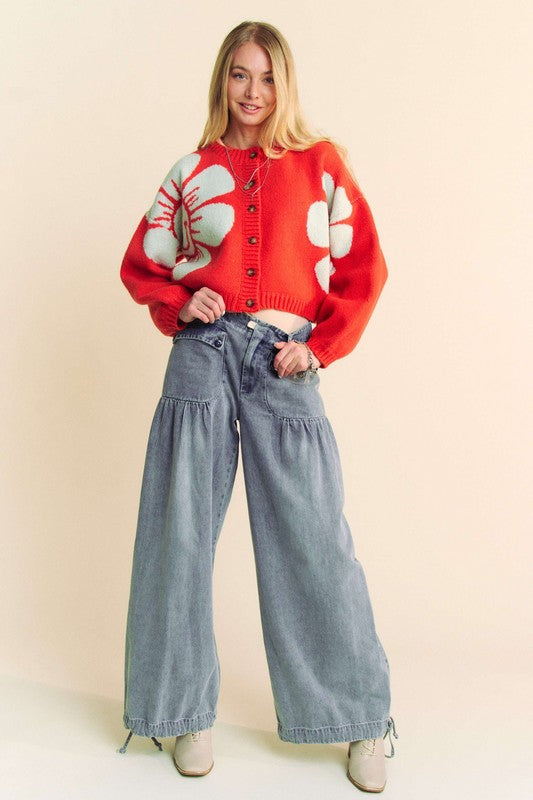 Davi & Dani Flower Contrast Cardigan Women Round Neck Long Sleeve Buttoned 54243aaa-c193-444f-b2f7-10e48bdf23e8-Max Trendsi